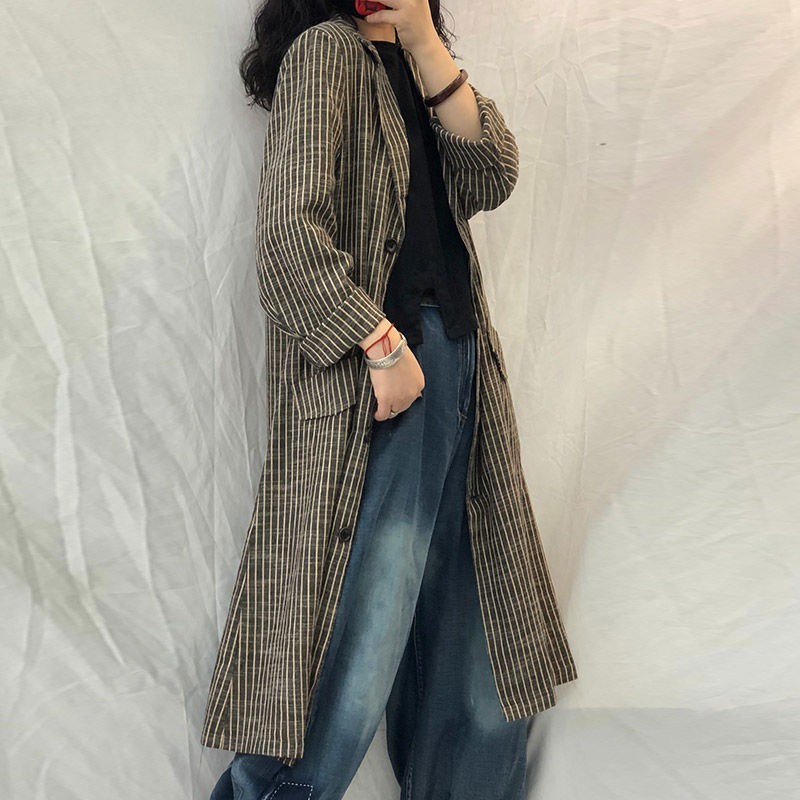 Spring Autumn Arts Style Women Loose Striped Long Trench Coat Single Breasted Cotton Linen Vintage Coats Femme M310 210512