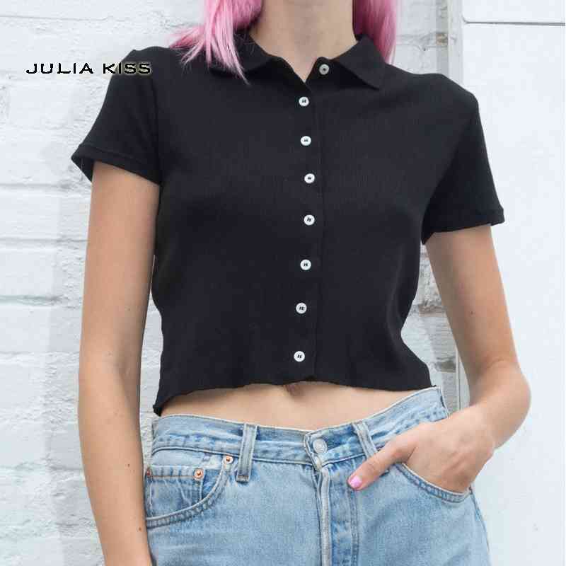 Women Short Sleeve Collared Button Up Crop Top Opaque Buttons T-shirt 210406