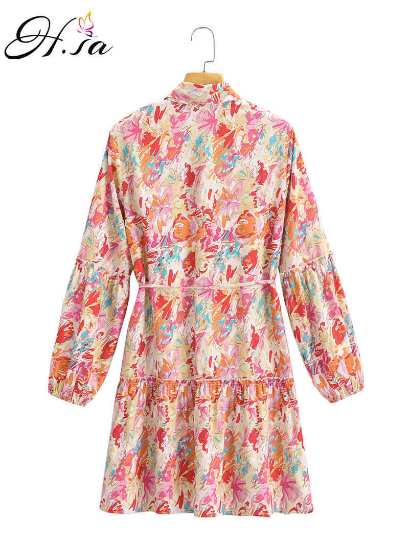 Hsa Women Chiffon Ruffles Sleeve Floral Print Mini Dress Summer Casual Turn Down Pink Pleated Office Ladies Dresses 210716