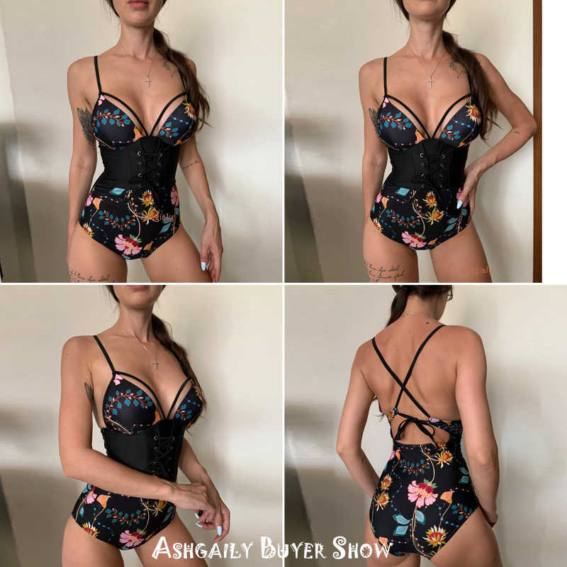 Abdomen Control Wasit Push Up Swimsuit Print Swimwear Vintage Retro Bathing Suits Bodysuit Beach Wear Backless 210611