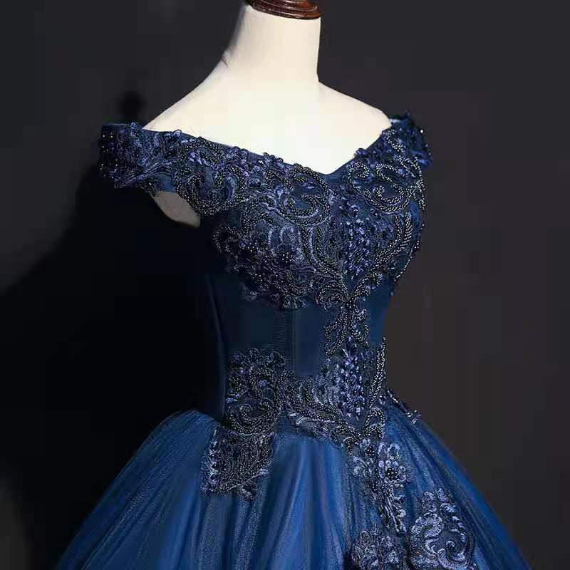 Luxury Beads Blue Quinceanera Dresses Ball Gown Off Shoulder Floor Length Long Prom Party Sweet 16 Dress Appliques Lace