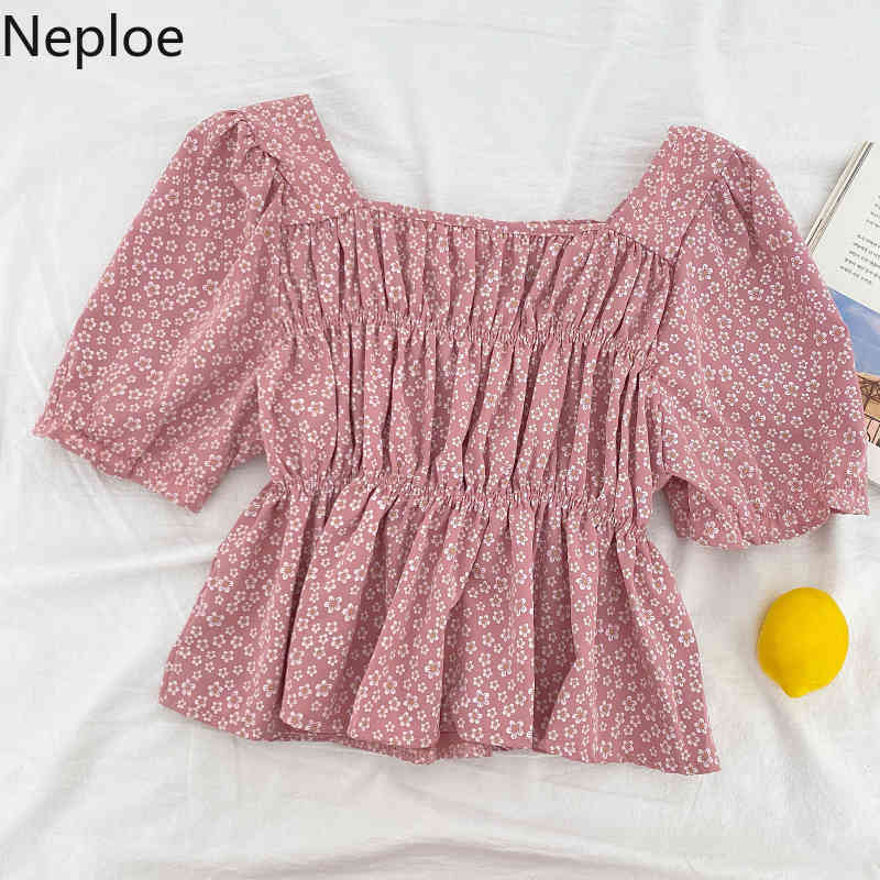 Neploe Women's Blouse Summer Square Collar Short Sleeve Blouses Tops Korean Fashion Clothing Sweet Floral Pleated Ruffled Shirt 210422