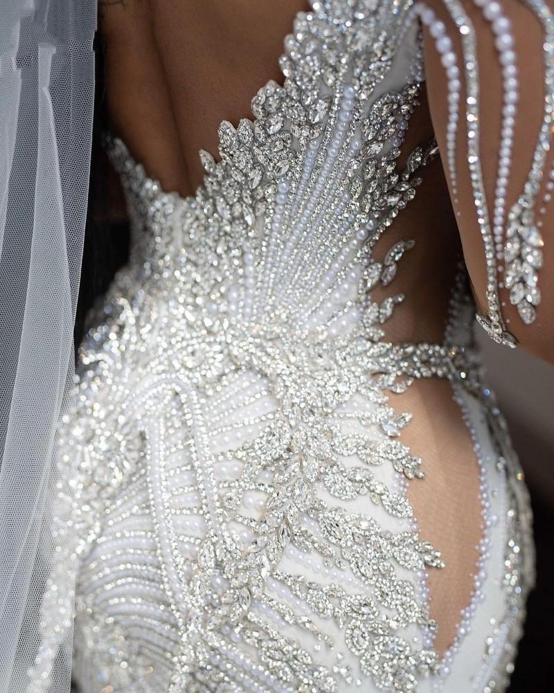 Beautiful Dress Crystals Lace Beaded Long Sleeve Deep V-neck Mermaid Sweep Train Wedding Gown