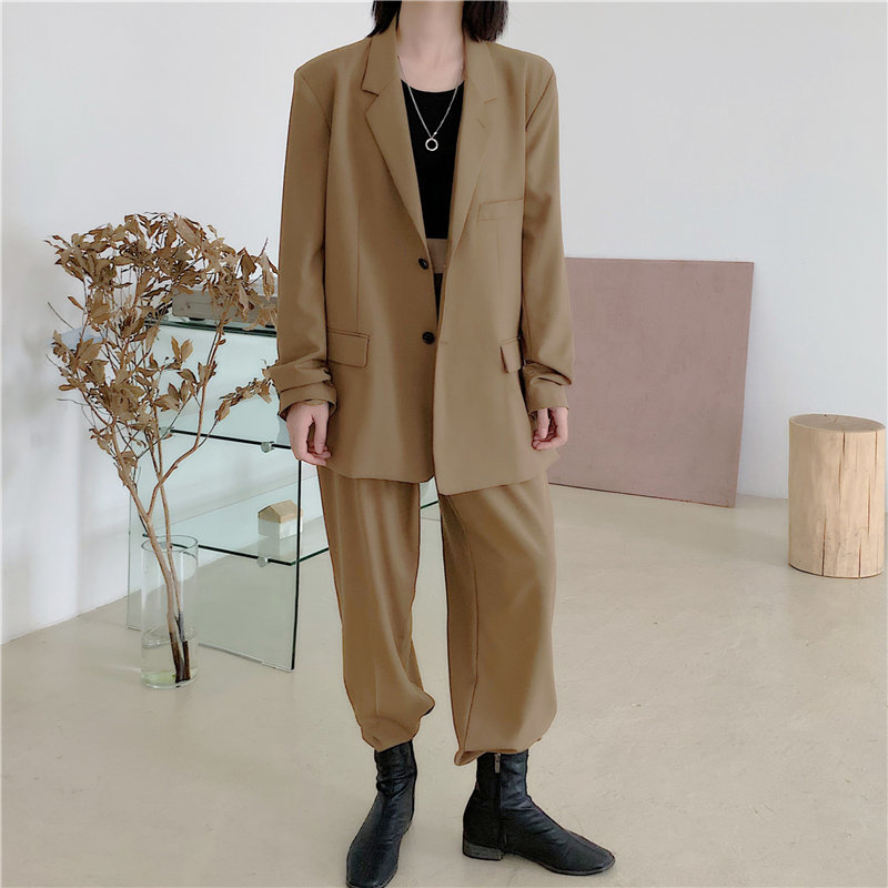 OL Elegant Office Lady Loose Women Blazers+Stylish High Waist Straight Solid Pants Suits All Match 2 Piece Sets 210421