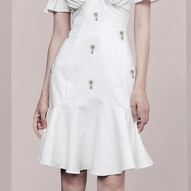 Vintage Diamonds Summer Dress Women Sexy V Neck Puff Sleeve High Waist Ruffles Mermaid Dresses For Female Fashion 210520