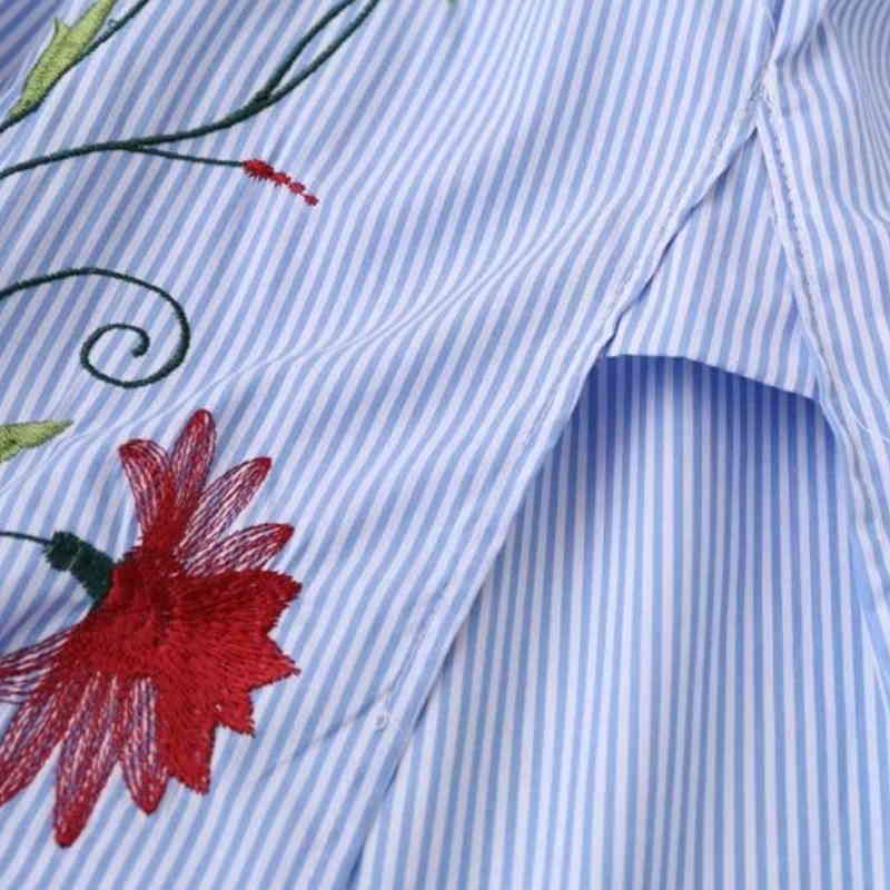 Fashion Women Embroidery Blouses Long Sleeve Loose Shirts Turndown Collar Striped Tops Camisas Femininas S980 210430