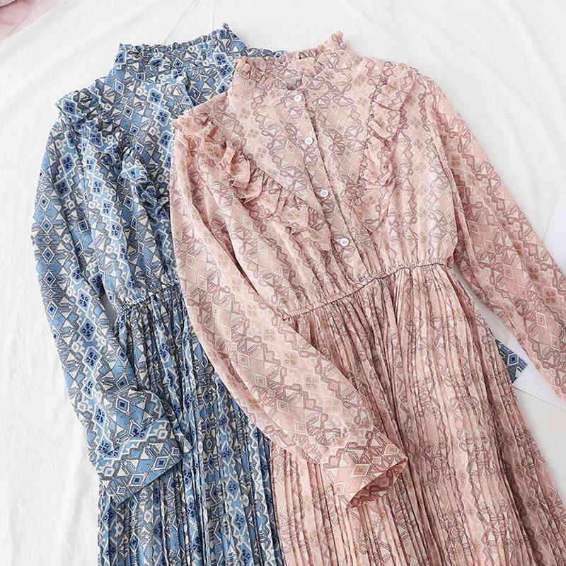 Korean Spring Print Women Chiffon Dress Vintage Long Sleeve Mid-Calf Party Dress Button Ruffles Vestidos Sweet Clothing 210521