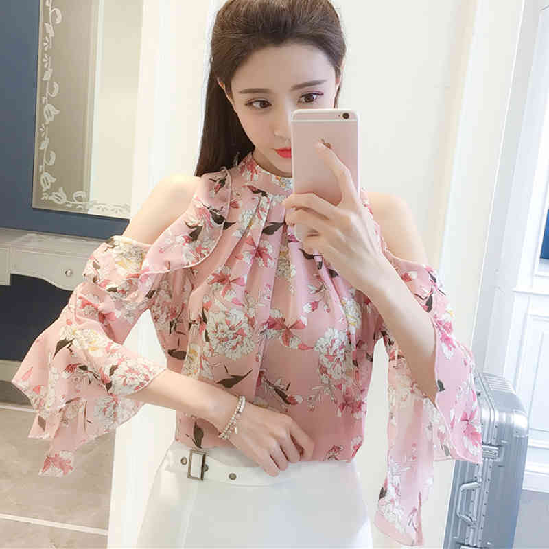 Summer Short-Sleeve Chiffon Shirt Women Casual Floral Pullover Blouse Print Green Pink Lady Off Shoulder Tops 9374 50 210508