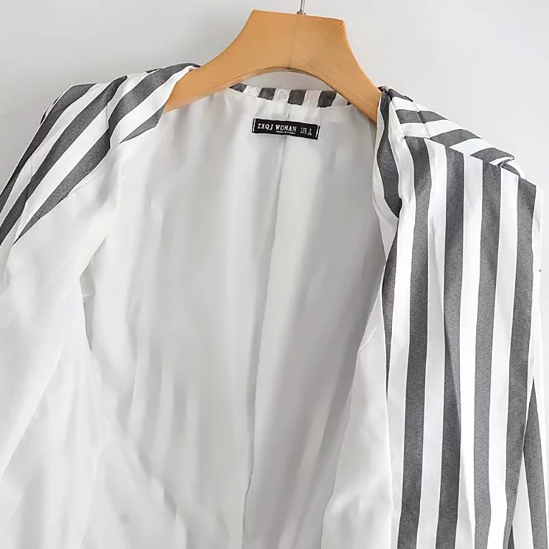 Autumn-Spring Women Casual Gray With White Striped Blazer Fashion Long Sleeve Single Breasted Jacket Outwear feminino 210421