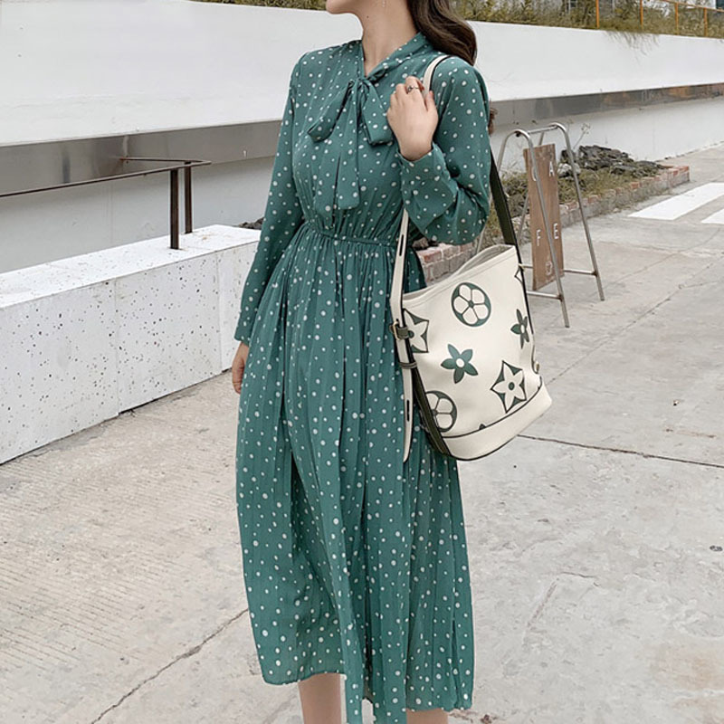 Korean Printed Chiffon Wave Dot High Waist Slim Long Sleeve Dress spring Maxi Casual Party Vestidos 7724 50 210427