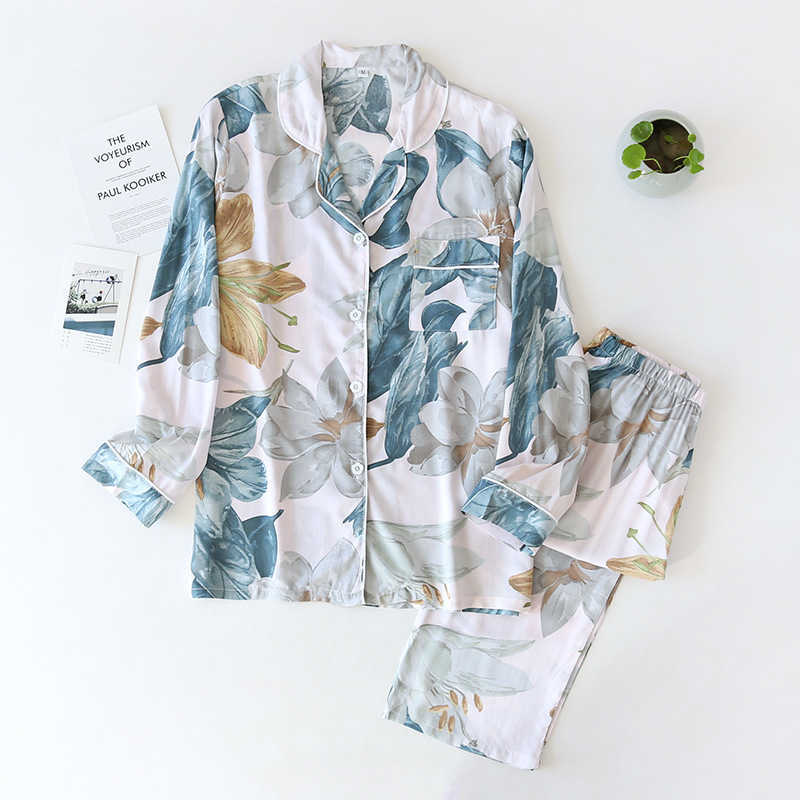 spring and autumn long-sleeved trousers ladies pajamas set viscose cardigan butterfly flower simple thin home service summer 210924