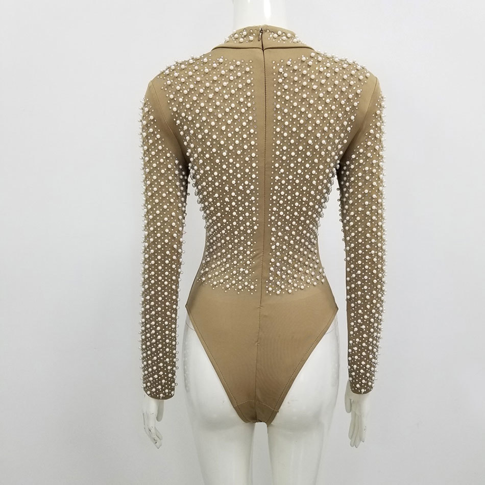 Free Heavy Industry Beaded Bodysuits Top Women's Elegant Stand Collar Long Sleeve Pantsless 210524
