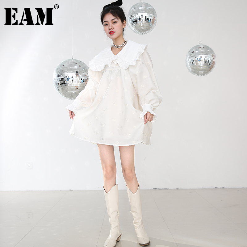 [EAM] Women White Ruffles Temperamnt Mini Dress Peter Pan Collar Long Sleeve Loose Fit Fashion Spring Autumn 2A53400 21512