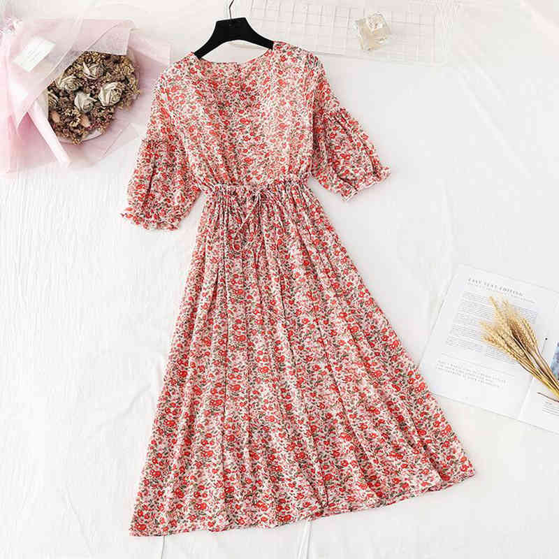 Women Floral Print Dress Summer Vintage Elastic Waist Chiffon Dresses Slim Short Sleeve Office A-line Dress Vestidos 210521