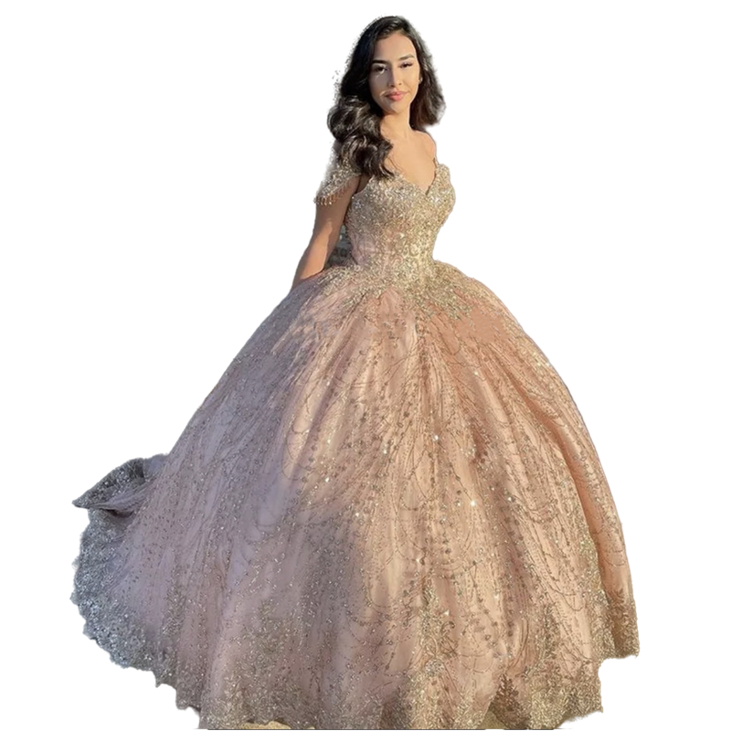 Vintage Champagne Gold Quinceanera Dresses V-Neck Cap Sleeve Lace Appliques Beaded Glitter Sequins Prom Party Princess Ball Gown Sweet 16 Dress Vestid
