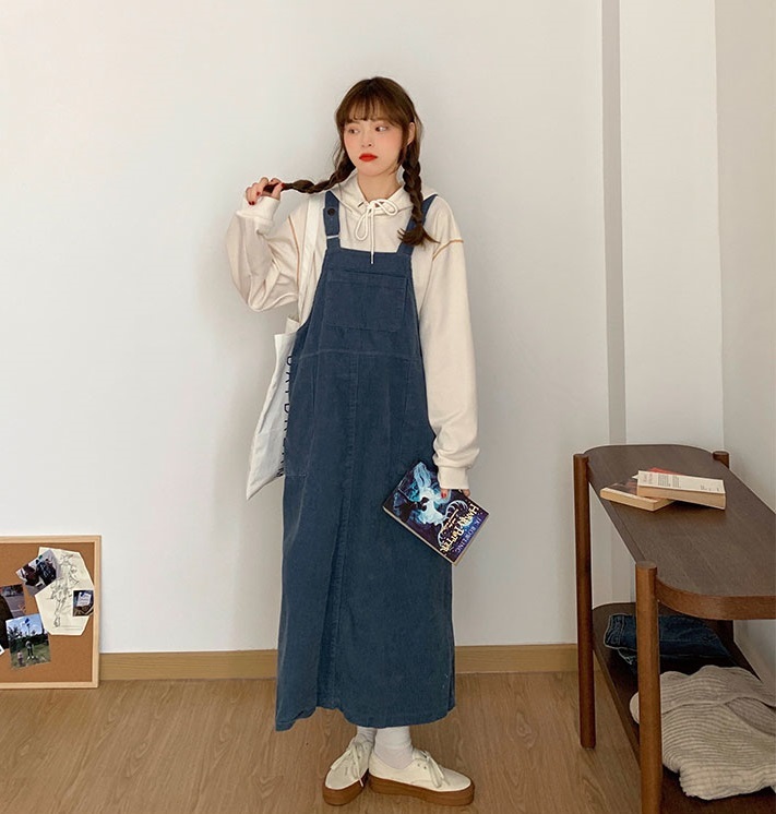 2colors autumn long dress korean style soild color loose vintage spaghetti strap dress womens corduroy tank dress (X1668) 210423