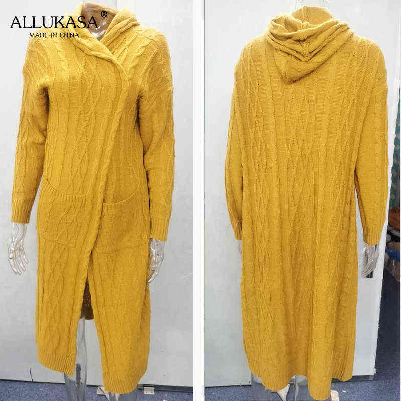 Pure color plus size long knitted cardigan women's hooded long-sleeved casual loose oversized knitted jacket for fall/winter 211117