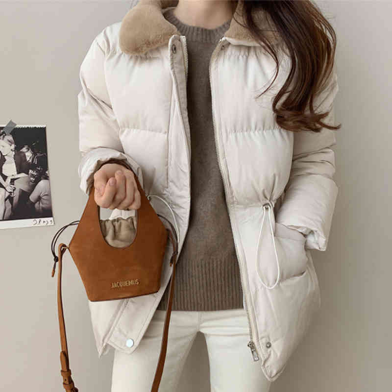Winter Coat Women OL Formal Fur Collar Loose Casual Solid Bread Clothes Warm Cotton Padded Jacket Outwear Parkas 210421