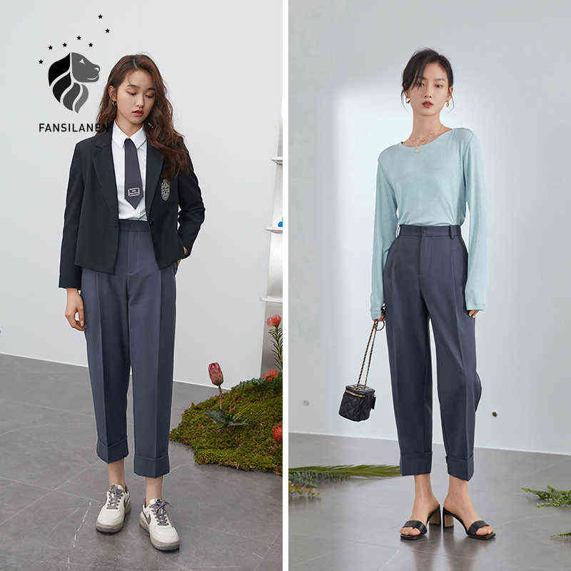 FANSILANEN Office Lady High Waist Casual Suit Pants Women Pleated Loose Female Spring Summer Korean Style Cropped Trousers 211115