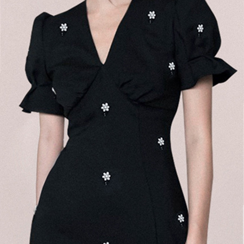 Vintage Diamonds Summer Dress Women Sexy V Neck Puff Sleeve High Waist Ruffles Mermaid Dresses For Female Fashion 210520