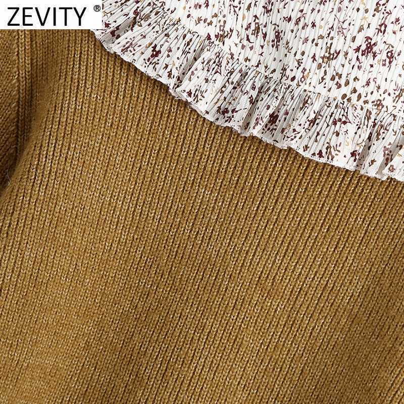 Zevity Women Sweet Print Pleated Agaric Ruffles Patchwork Knitting Sweater Female Lantern Sleeve Casual Chic Pullovers Tops S497 210603