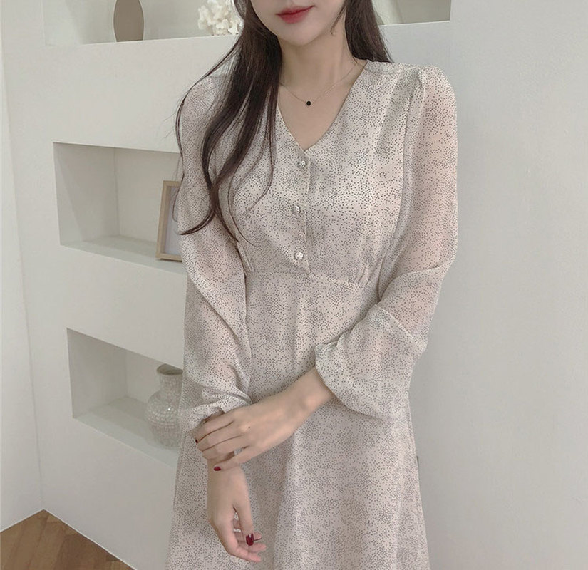 Korean Dot Chiffon Dress Womem Elegant High Waist V-neck Button Fall Fashion Midi Long es Vestido Feminino 12292 210506