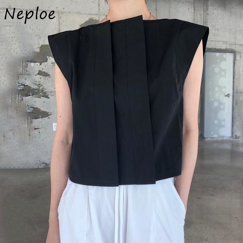 Work Style Ol Simple Pleat Blouse Women O Neck Short Sleeve Black Blusas Summer All Match Ladies Top 210422