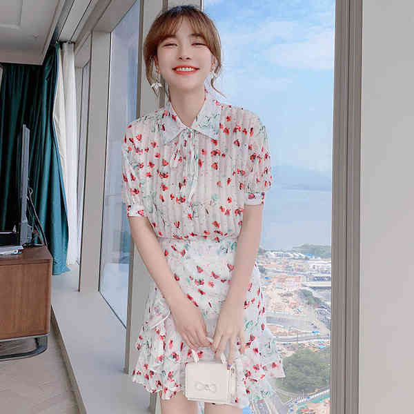 Summer Two-piece Set Women Chiffon Flower Print Lapel Short Sleeve Blouses + Ruffles Mini Skirt Female Sweet Outfit 210519