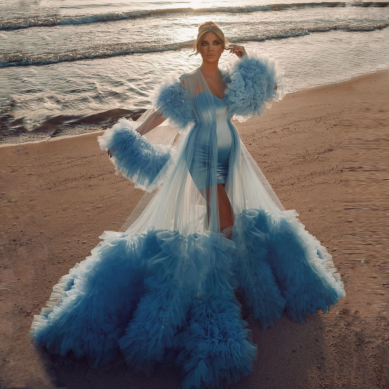 Illusion Sexy Women Blue Tulle Evening Dress Full Sleeves Outfit See Thru Ruffles Puffy Custom Made Party Gowns