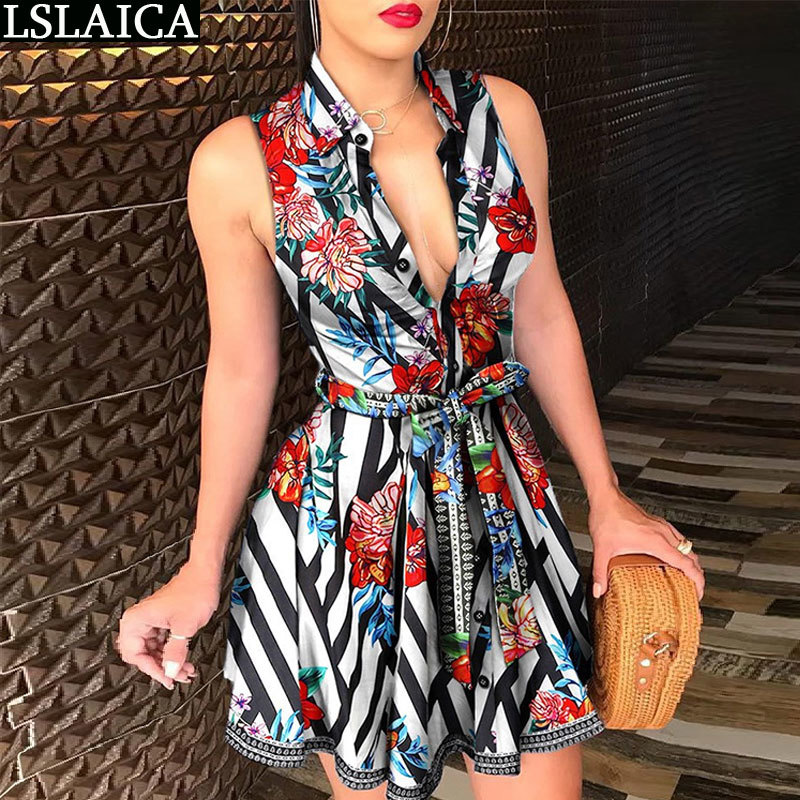 Club Dress Turn-Down Collar Button Womens Dresses Sleeveless Slim A-Line Lacing Up Party Elegant Mini Vestidos Casua 210520