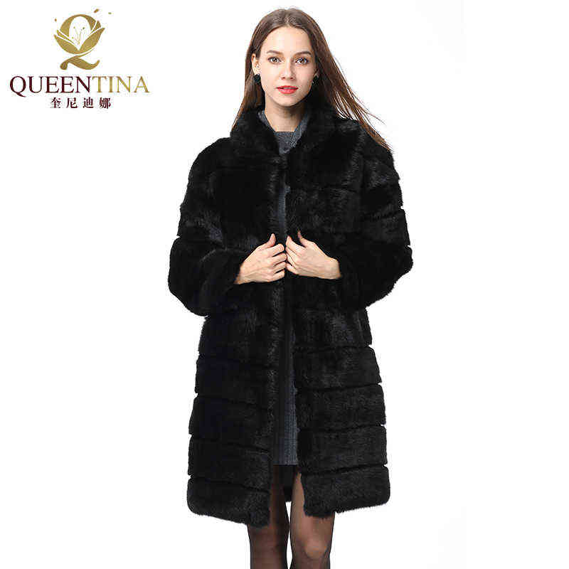 Winter Real Rabbit Fur Coat Stand Collar Thick Soft Warm Natural Fur Long Jacket Women Outwear Full Pelt Fur Coats 211123
