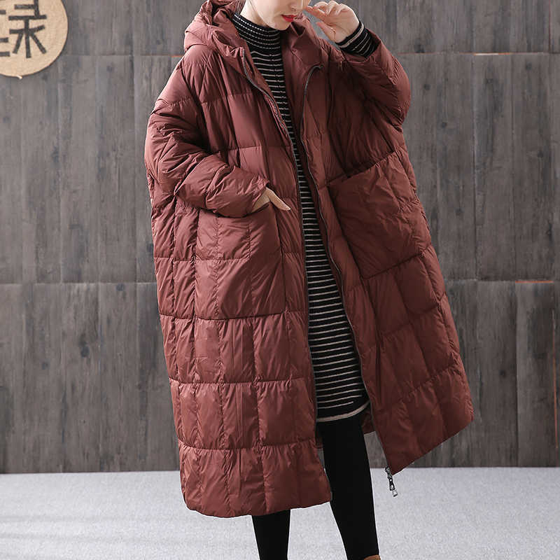 Women Loose Long Coat 90% Duck Down Jacket Winter Female Plus Size Overcoat Stitching Hooded Parka 211018