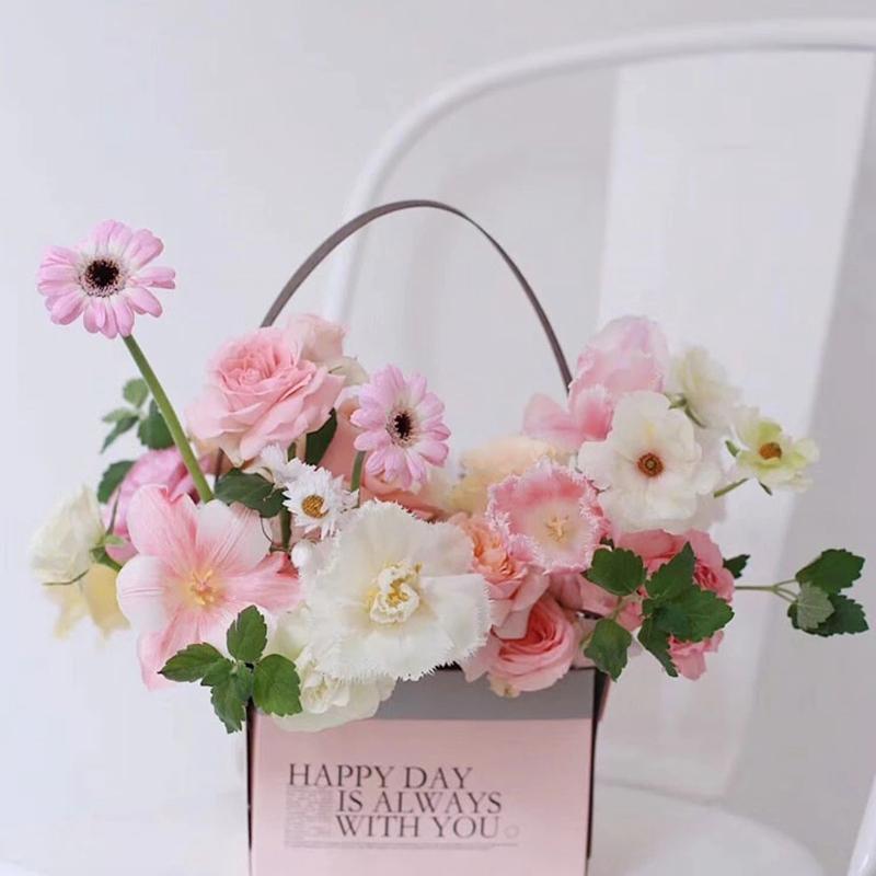 Flower Packaging Box With Handle Arrangement Boxes Waterproof Kraft Paper Bags Basket Gift Wrap
