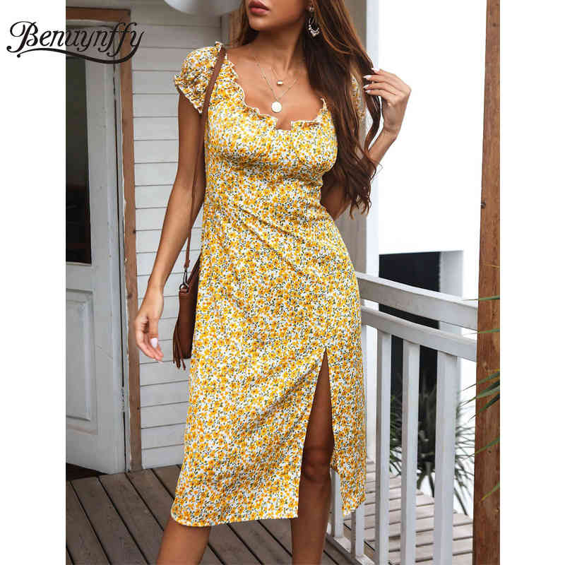 Slash neck Frill Trim Off The Shoulder Dresses Women Summer Boho Casual Floral Print Split Knee Length Dress 210510