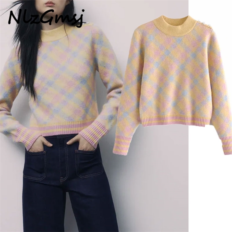 

Sweater Woman Knit Argyle Women Long Sleeve O Neck Jewel Buttons At Shoulder Pullover Female Fashion Rib Top 210628, As picture