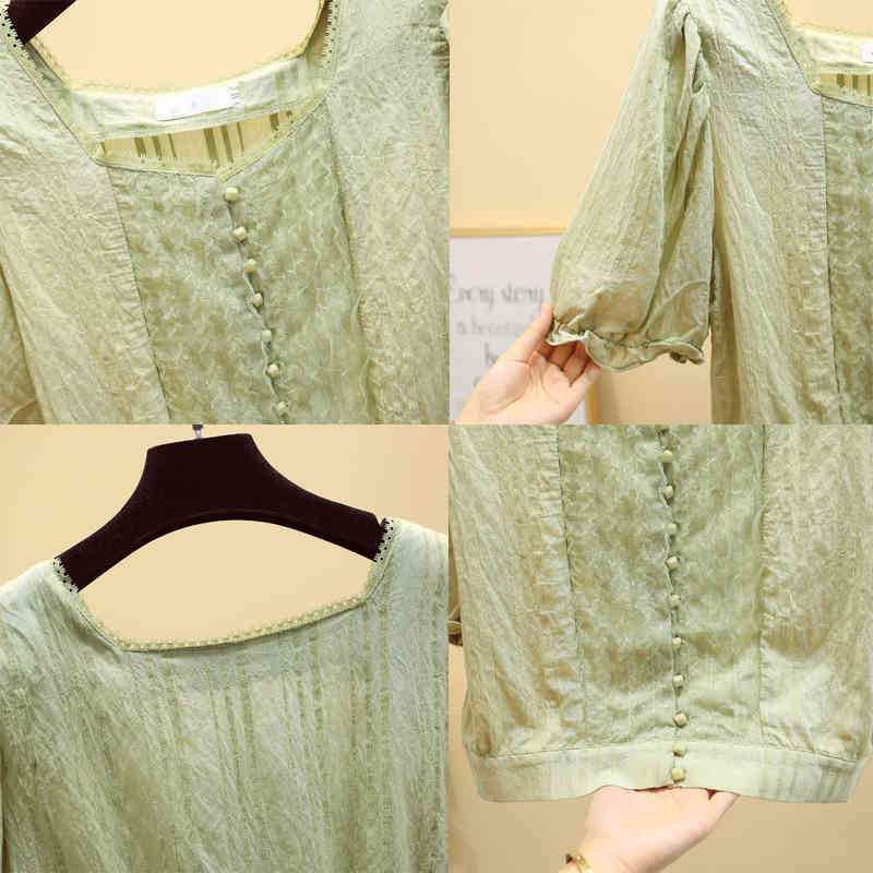 Summer Square Collar Top Woman Chiffon Blouse Solid Lantern Sleeve Short Women's Shirts Clothes Blusa 9880 210506