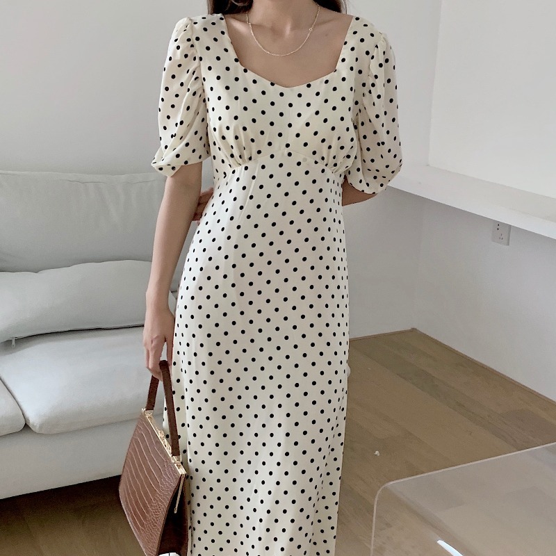 Polka Dot Women Dress Summer Robe A Line Korean Temperament Vestidos Mujer Vintage Office Lady Slim Elegant Maxi Dresses 210519