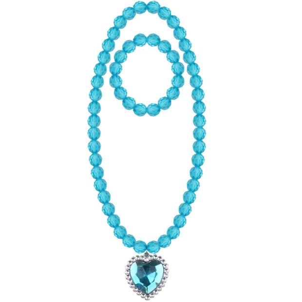 Beads Necklace and Bracelet Set for Kids Girls Jewelry with Crystal Heart Pendant Dress Up Pretend Play Party Favor Pink Blue Purple