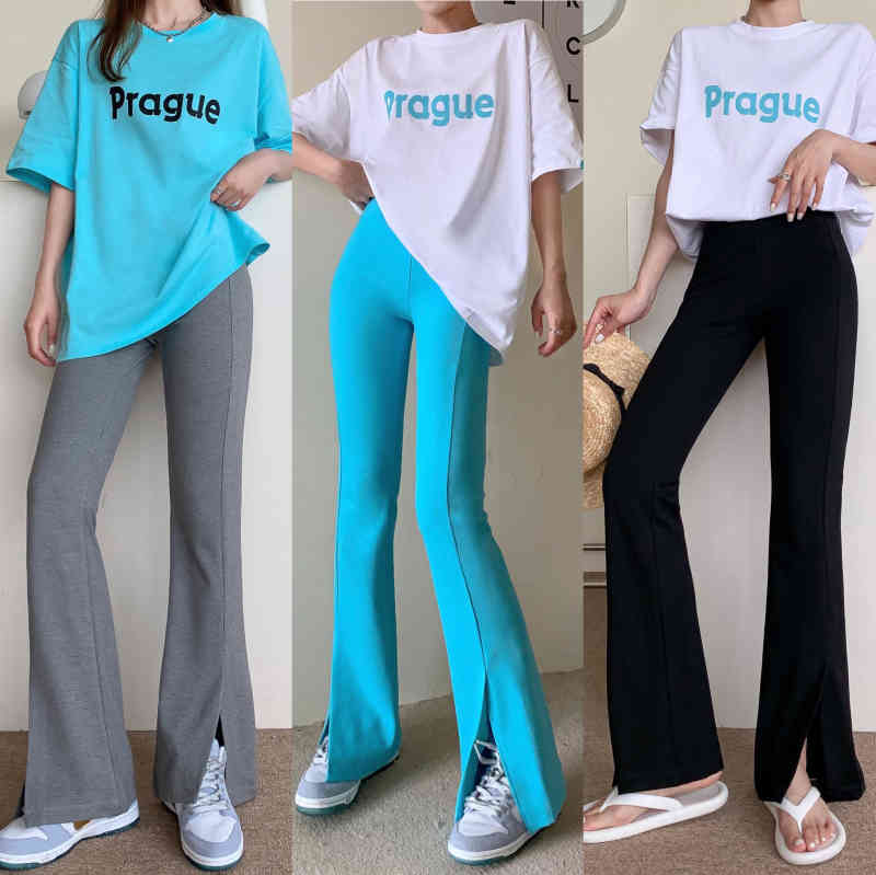 Pants & Capris Summer Thin Tight High Waist Split Blue Flare Pant Women All-match Black Grey Pantalones De Mujer Slim Casual 210429