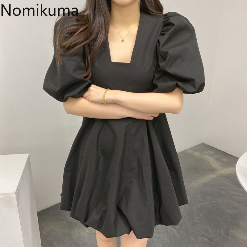 Nomikuma Woman Dress Korean Puff Short Sleeve Square Colalr Dresses Spring Summer Slim Waist A-line Vestidos Mujer 6F710 210427