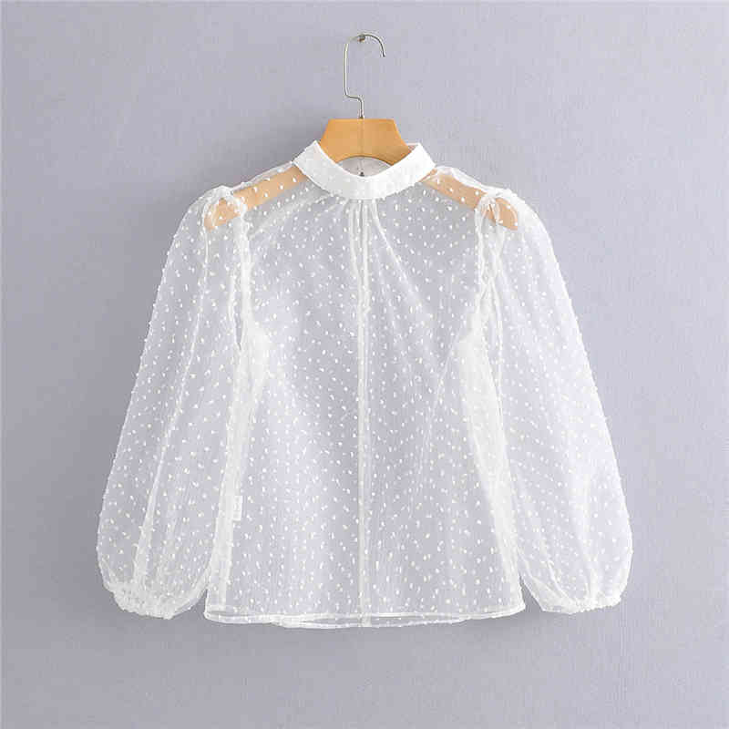 Elegant Women Transparent Puff Sleeve Shirts Fashion Ladies Turtleneck Polka Dot Tops Sweet Female Chic Solid Blouses 210430
