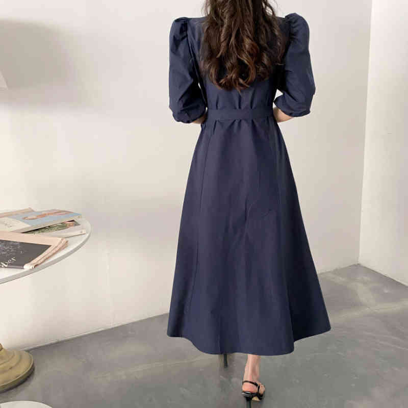 Nomikuma Causal Women Blouse Dress Lace Up Slim Waist Elegant Korean Dresses Puff Sleeve Single Breasted Vestidos De Mujer 6H074 210427