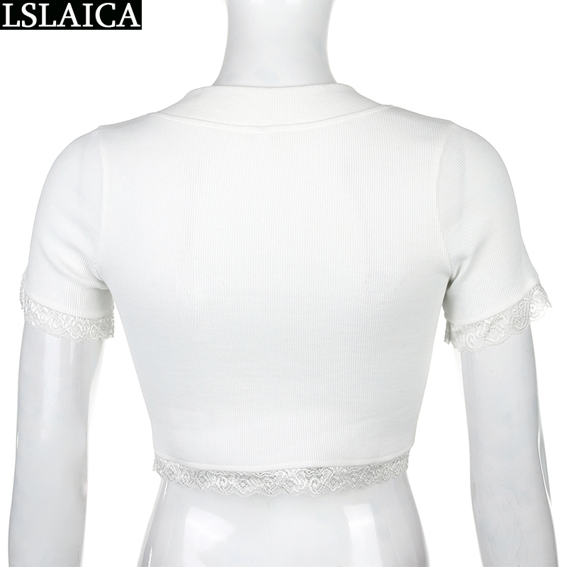 White women T-shirt Deep V-neck button short sleeve lace patchwork t shirt casual elegant slim knitted office shirts 210520