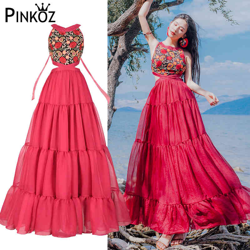 Bohemia Halter-neck Vest Boho Pleated Red Chiffon Beach Long Dress Women Floral Embroidery Elegant Ruffle Sexy Maxi 210421