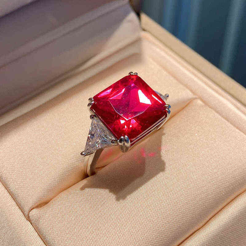 OEVAS 100% 925 Sterling Silver 12*12mm Square Synthetic Emerald Ruby High Carbon Diamond Rings For Women Party Fine Jewelry Gift Y220223
