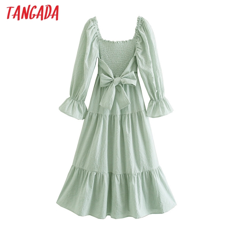 Fashion Women Green Plaid Print Summer Vintage Puff Short Sleeve Back Bow Ladies Midi Dress 8M19 210416