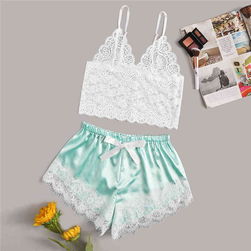 Floral Lace Bralette With Satin Shorts Lingerie Set Women Summer Sexy Sets Ladies Bra And Panty Underwear Pajama Set-Pink 210330