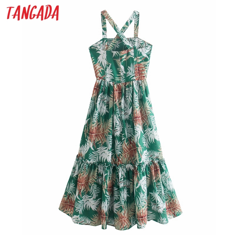 Women Chic Fashion Leaf Print Halter Dress Vintage Strap Sleeveless Back Zipper Female Dresses Vestidos 2W94 210416