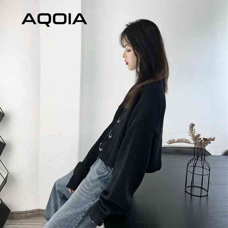 Gothic Knit Short Female Cardigans Metal Buttons Black Womens Sweater Winter Fashion Long Sleeve Woman Sweaters Clothing 210521