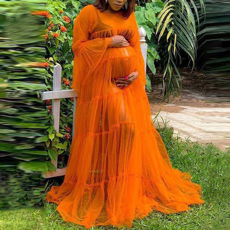 Fashion See Through Sleepwear Maternity Robe Women Dress Long Sleeves Sheer Tulle Dresses for Photo Shoot Orange Nightwear Robes